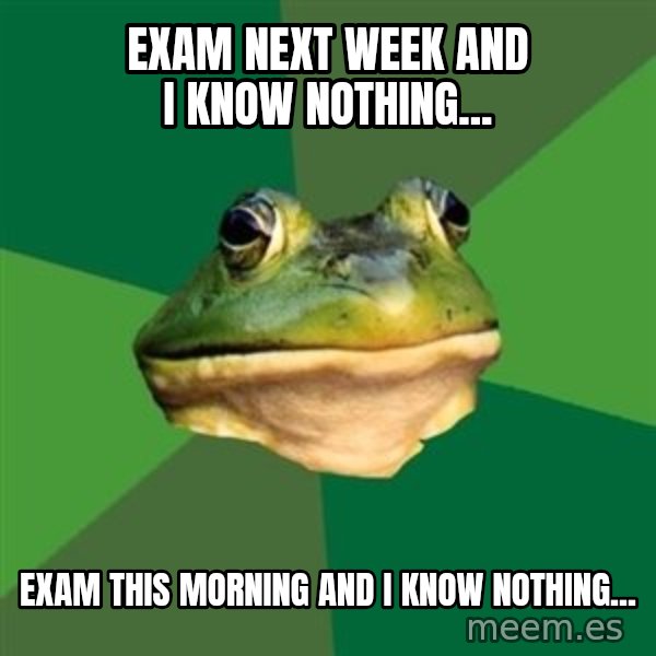 Foul Bachelor Frog meme: exam next week and I know nothing... / exam this morning and i know nothing...