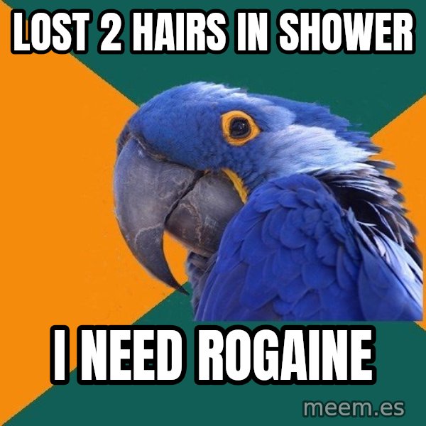 Paranoid Parrot meme: lost 2 hairs in shower / i need rogaine