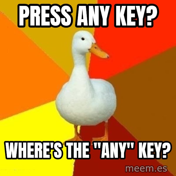 Technologically Impaired Duck meme: Press any key? / Where's the "Any" key?