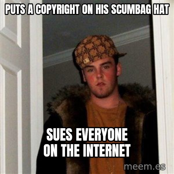 Scumbag Steve meme: Puts a copyright on his scumbag hat / sues everyone on the internet