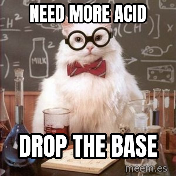 Chemistry Cat meme: need more acid / drop the base