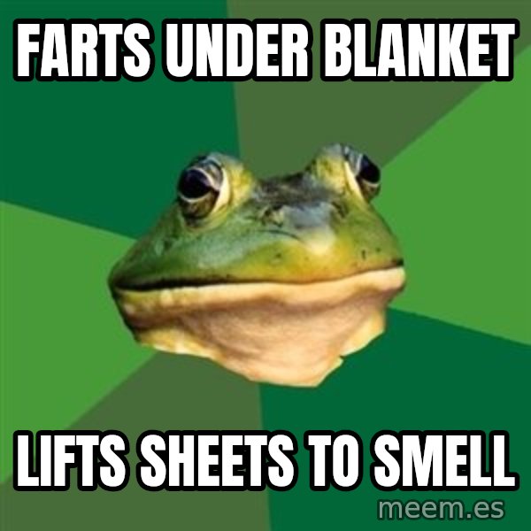 Foul Bachelor Frog meme: Farts under blanket / lifts sheets to smell