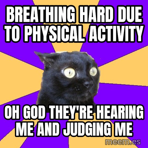 Anxiety Cat meme: Breathing hard due to physical activity / Oh god they're hearing me and judging me