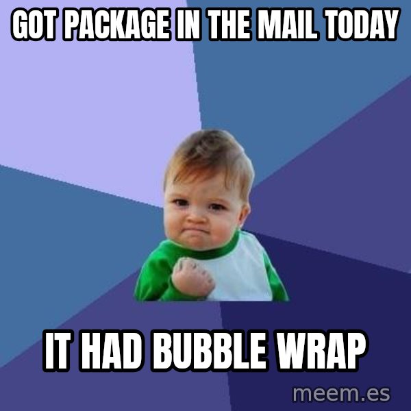 Success Kid meme: got package in the mail today / it had bubble wrap