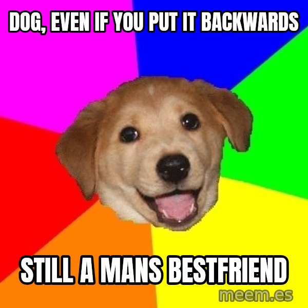 Advice Dog meme: dog, even if you put it backwards / still a mans bestfriend