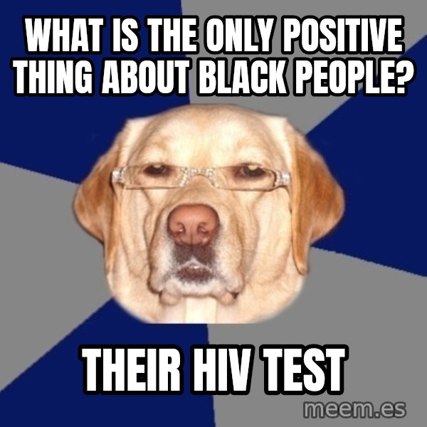 Racist Dog meme: WhAT iS THE ONLY POSITIVE THING ABOUT BLACK PEOPLE? / THEIR hiv TEST
