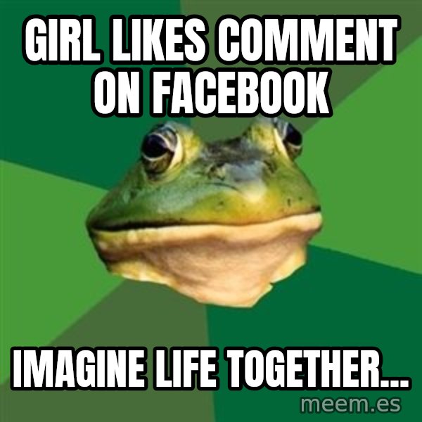 Foul Bachelor Frog meme: Girl likes comment on facebook / imagine life together...