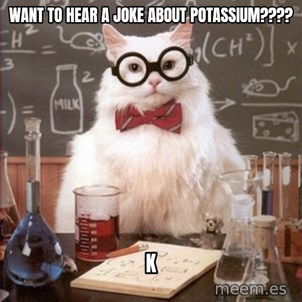 Chemistry Cat meme: want to hear a joke about Potassium???? / K
