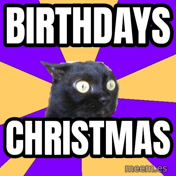 Anxiety Cat meme: birthdays / christmas
