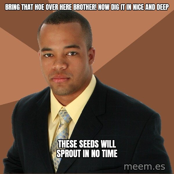 Successful Black Man meme: bring that hoe over here brother! now dig it in nice and deep / these seeds will sprout in no time