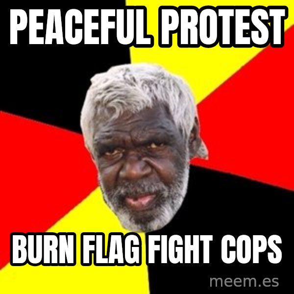 Aboriginal meme: peaceful protest / burn flag fight cops