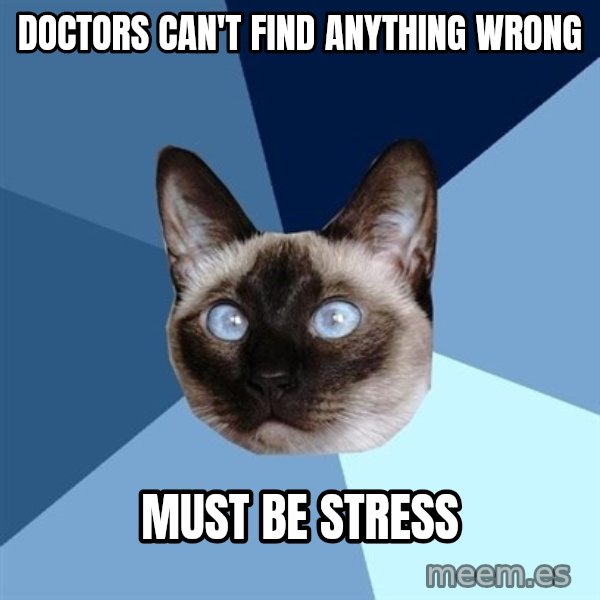 Chronic Illness Cat meme: Doctors can't find anything wrong / must be stress
