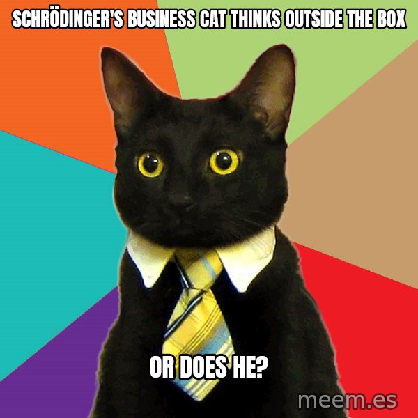 Business Cat meme: Schrödinger's BUSINESS cat THINKS OUTSIDE THE BOX / OR DOES HE?