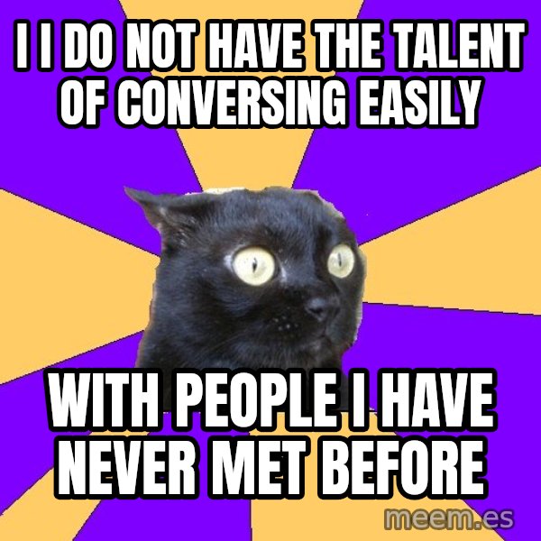 Anxiety Cat meme: I i do not have the talent of conversing easily / with people i have never met before