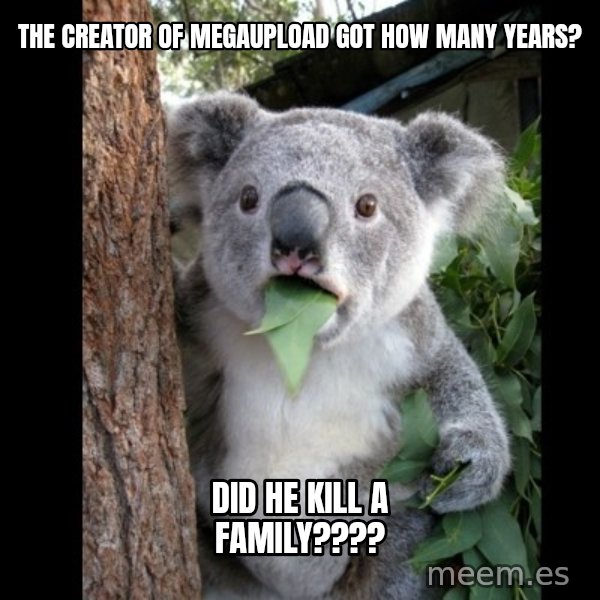 Koala can't believe it meme: the creator of megaupload got how many years? / did he kill a family????