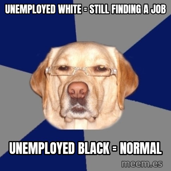 Racist Dawg meme: UNEMPLOYED WHITE = STILL FINDING A JOB / UNEMPLOYED BLACK = NORMAL