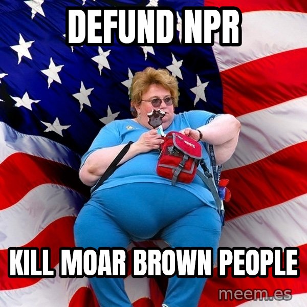 Obese American meme: DEFUND NPR / KILL MOAR BROWN PEOPLE