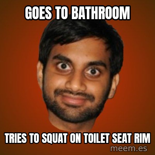 Generic Indian Guy meme: goes to bathroom / tries to squat on toilet seat rim