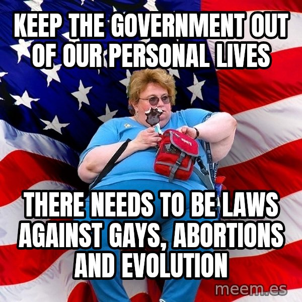 Obese American meme: KEEP THE government out of our personal lives / There needs to be laws against gays, abortions and evolution