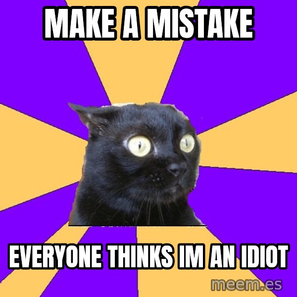 Anxiety Cat meme: make a mistake / everyone thinks im an idiot