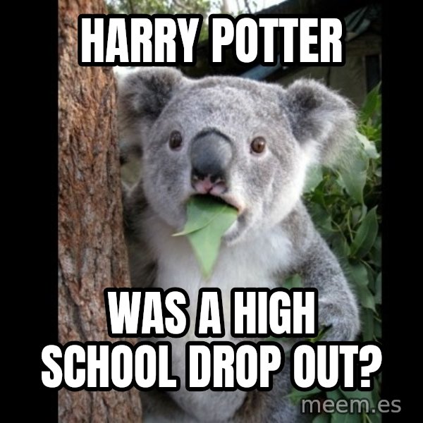 Koala can't believe it meme: Harry Potter / was a high school drop out?