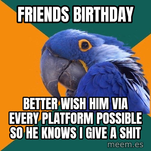 Paranoid Parrot meme: Friends birthday / better wish him via every platform possible so he knows i give a shit
