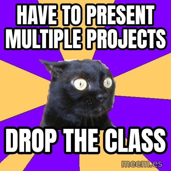 Anxiety Cat meme: Have to present multiple projects / drop the class