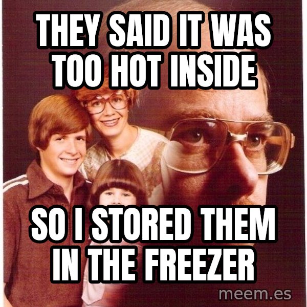 Vengeance Dad meme: They said it was too hot inside / so i stored them in the freezer