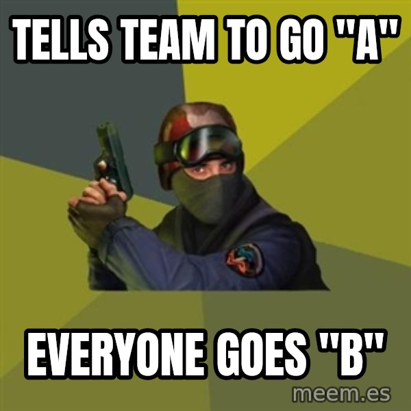 Counter Strike meme: TELLS TEAM TO GO "a" / eVERYONE GOES "b"