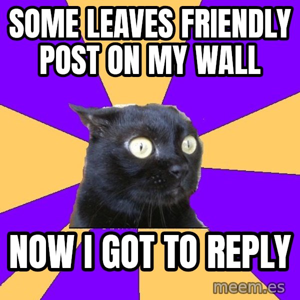 Anxiety Cat meme: some leaves friendly post on my wall / now i got to reply