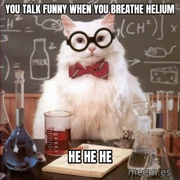 Chemistry Cat meme: you talk funny when you breathe helium / he he he