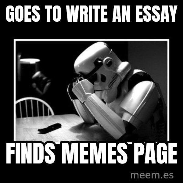 Sad Trooper meme: Goes to write an essay / finds memes page