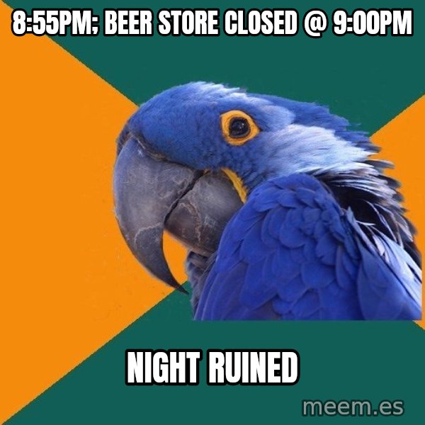 Paranoid Parrot meme: 8:55pm; beer store closed @ 9:00pm / night ruined