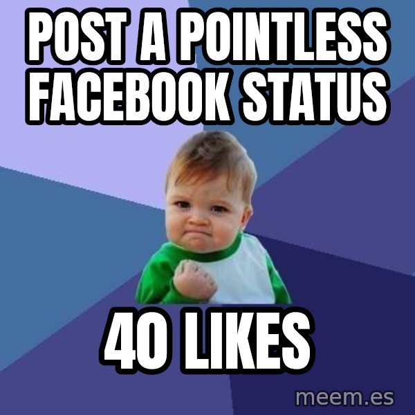 Success Kid meme: post a pointless facebook status / 40 likes