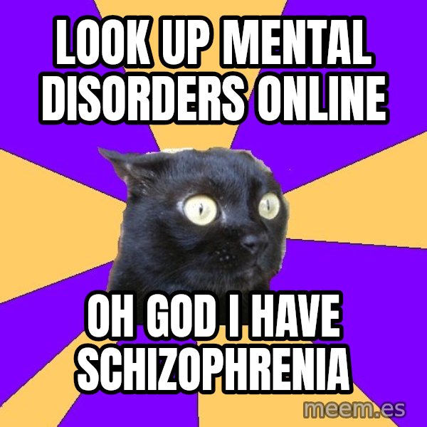 Anxiety Cat meme: look up mental DISORDERs online / oh god i have schizophrenia