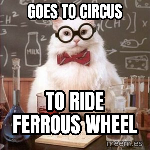 Chemistry Cat meme: Goes to circus / to ride ferrous wheel