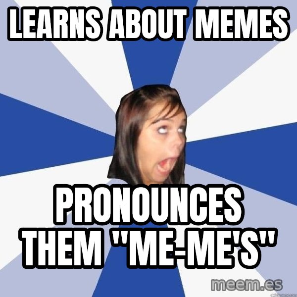 Annoying Facebook Girl meme: LEARNS ABOUT MEMES / PRONOUNCES THEM "mE-ME'S"