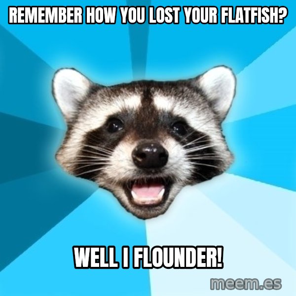 Lame Pun Coon meme: Remember how you lost your flatfish? / Well I flounder!