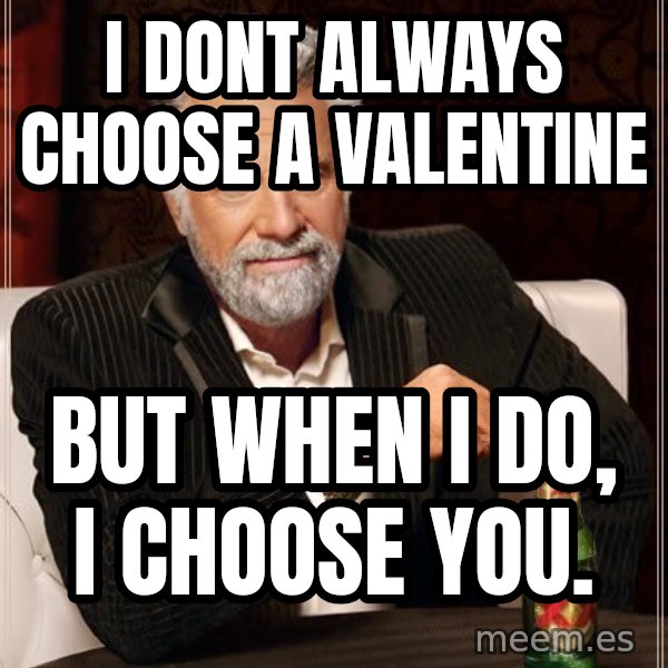 The Most Interesting Man In The World meme: I dont always choose a valentine / BUT WHEN I DO, I CHOOSE YOU.