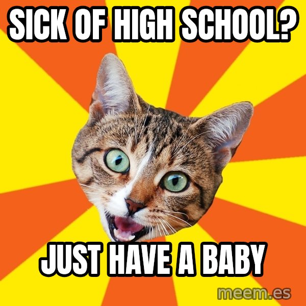 Bad Advice Cat meme: sick of high school? / just have a baby