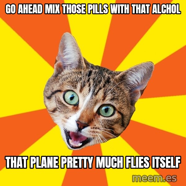 Bad Advice Cat meme: go ahead mix those pills with that alchol / that plane pretty much flies itself