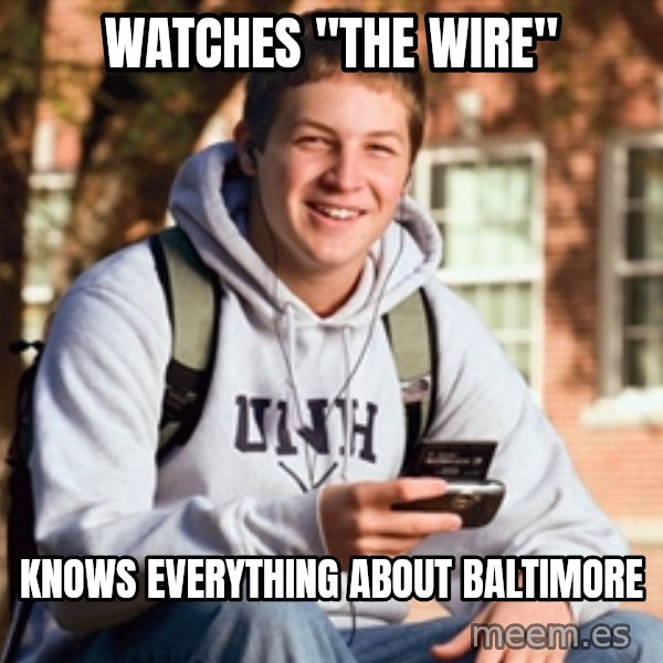 College Freshman meme: Watches "the wire" / knows everything about baltimore