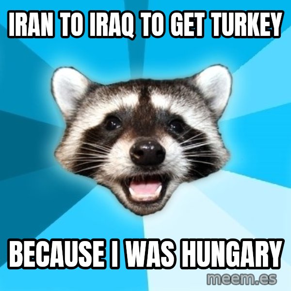 Lame Pun Coon meme: iran to iraq to get turkey / because i was hungary