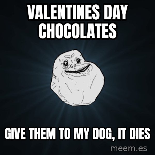 Forever Alone meme: Valentines day chocolates / give them to my dog, it dies