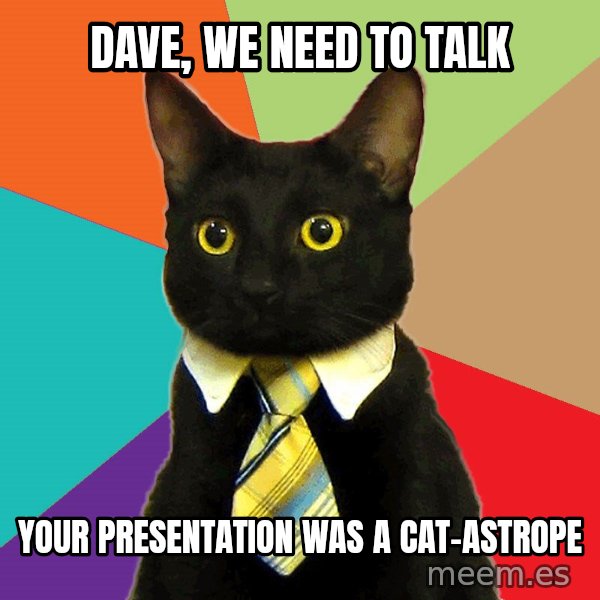 Business Cat meme: Dave, we need to talk / your presentation was a     cat-astrope
