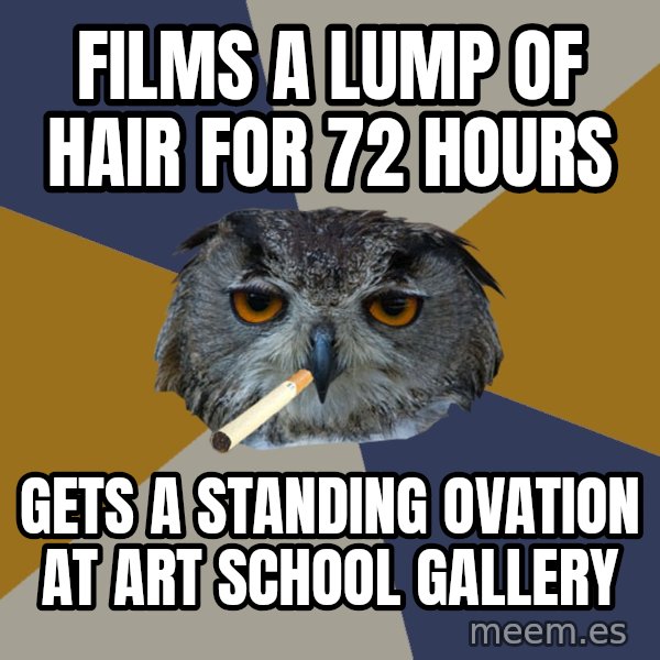 Art Student Owl meme: fILMS A LUMP OF HAIR FOR 72 HOURS / GETS A STANDING OVATION AT ART SCHOOL GALLERY