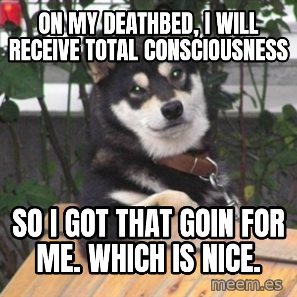 Cool Dog meme: on my deathbed, i will receive total consciousness / so i got that goin for me. which is nice.