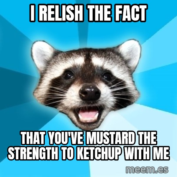 Lame Pun Coon meme: I relish the fact / that you've mustard the strength to ketchup with me