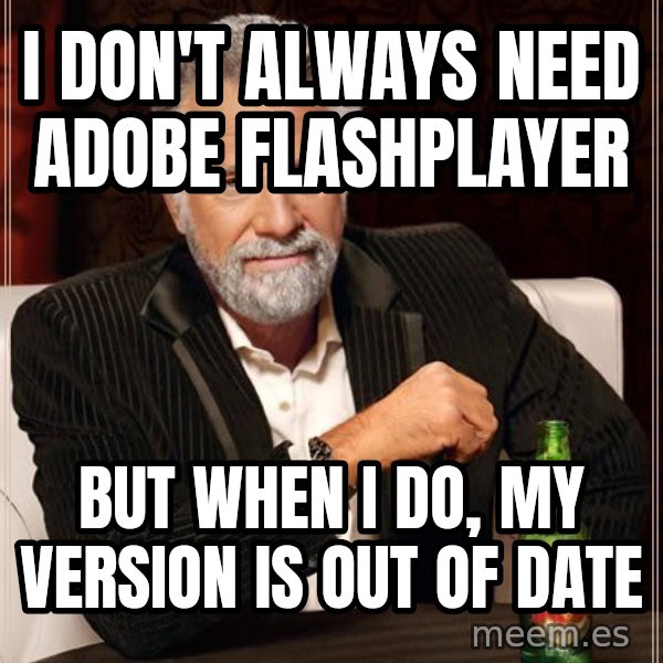 The Most Interesting Man In The World meme: I don't always need adobe flashplayer / but when i do, my version is out of date