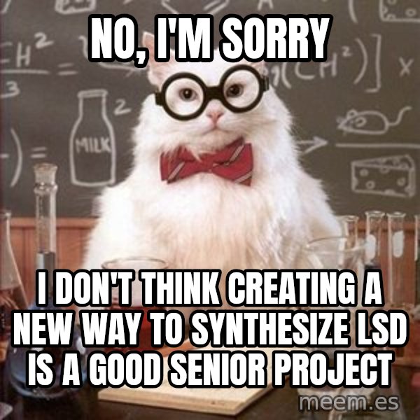 Chemistry Cat meme: no, i'm sorry / i don't think creating a new way to synthesize lsd is a good senior project
